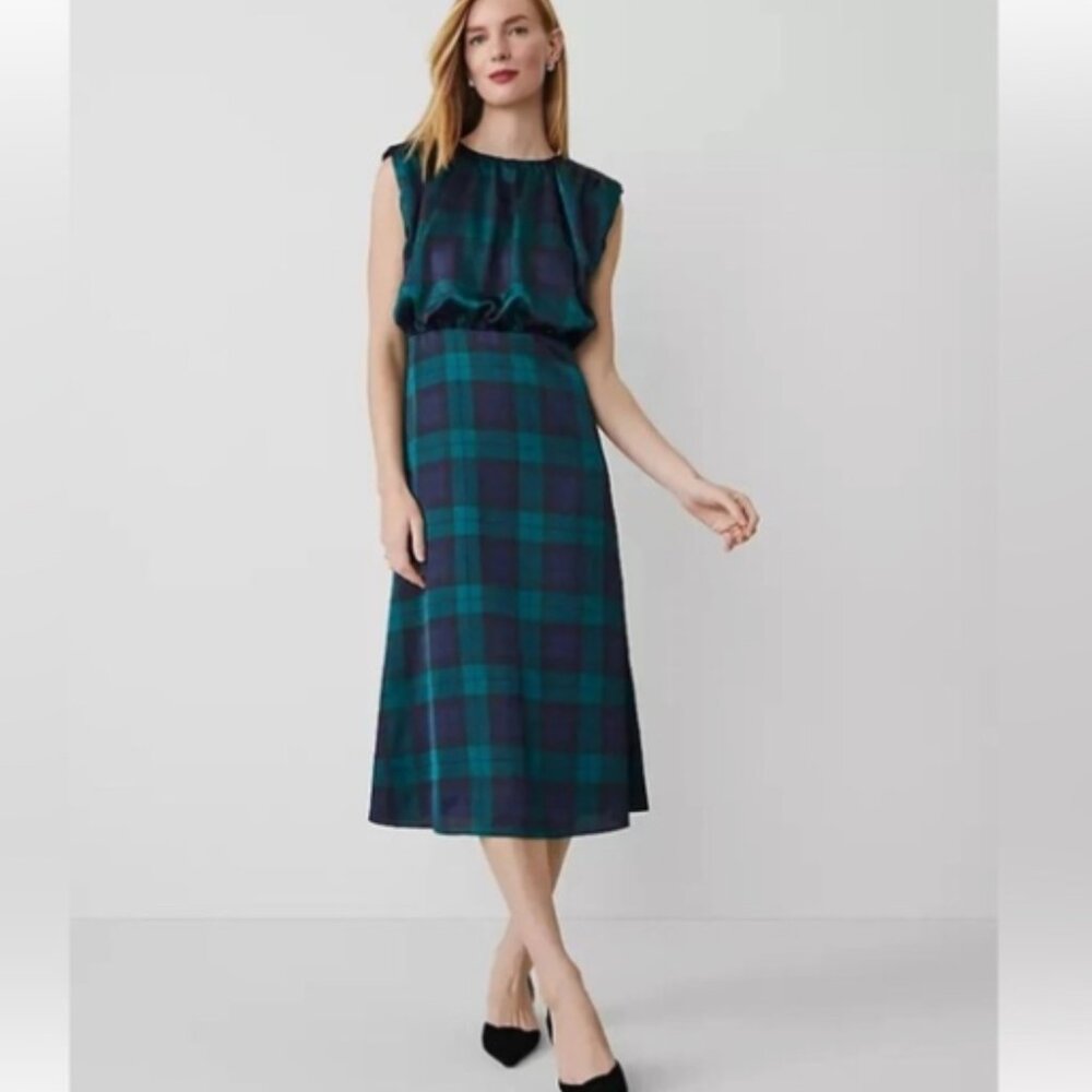 NWT Ann Taylor Winter Plaid Satin Dress, 00P